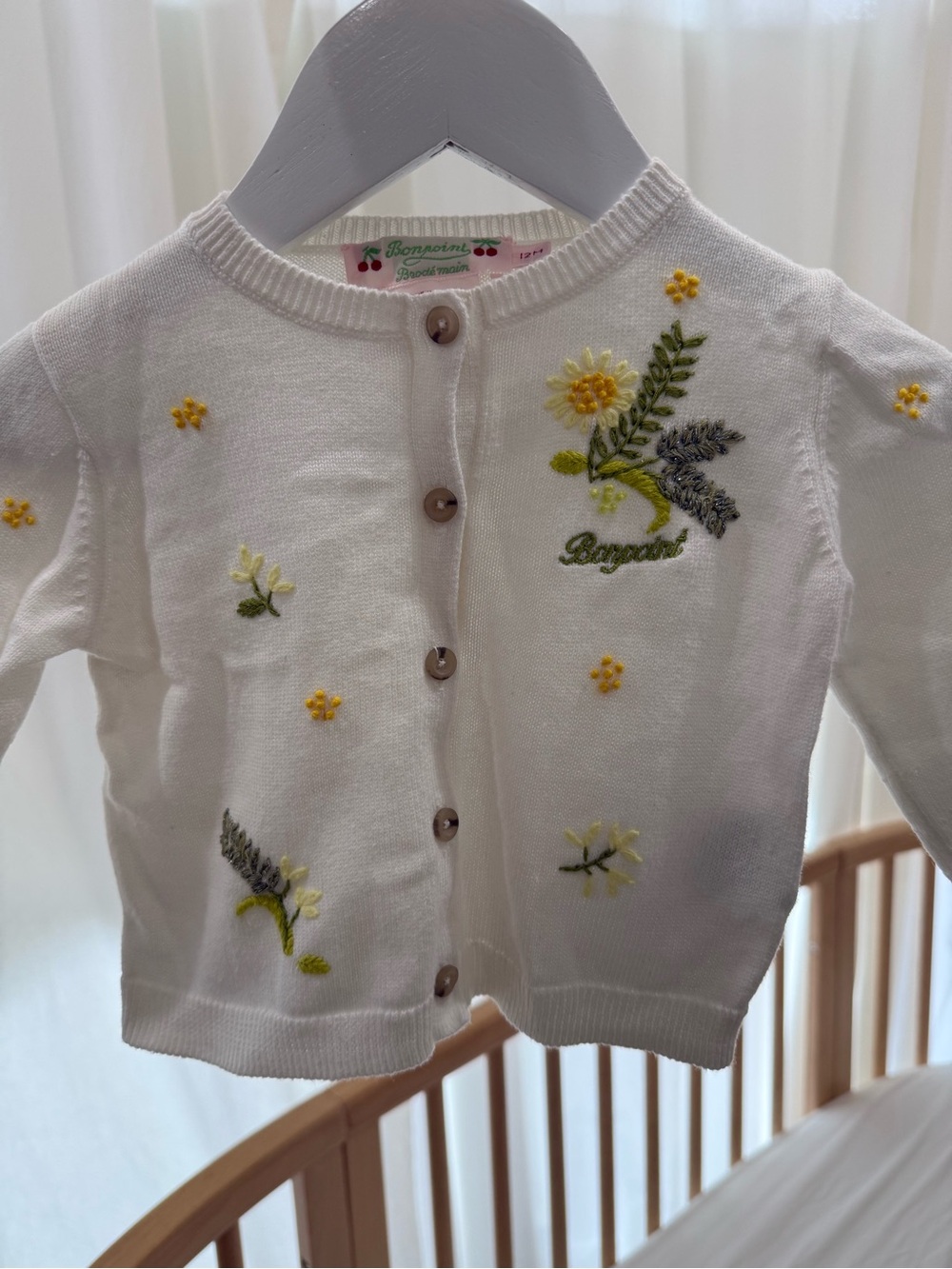 Bonpoint Knit Cardigan with Yellow & Green Floral Embroidery